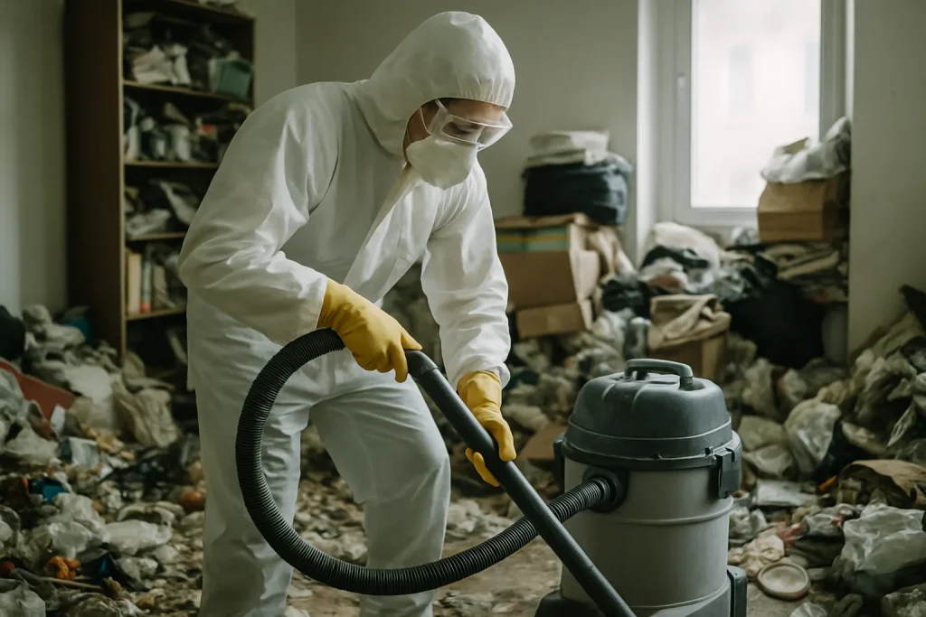 Un technicien nettoie un appartement en désordre à La Machine, soulignant l'urgence de l'intervention.