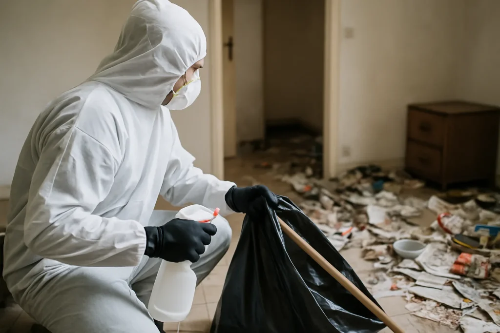Intérieur d'un appartement en désordre à Ceyzeriat, préparé pour un nettoyage après diogène.