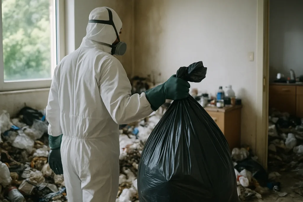 Équipe de nettoyage en train de débarrasser un appartement à Lissieu, s'attaquant aux déchets.
