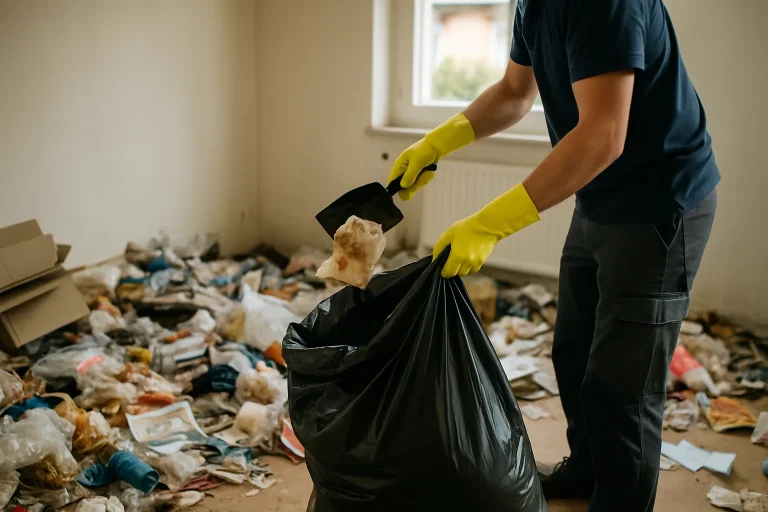Équipe de professionnels nettoyant un appartement insalubre à Villefontaine.
