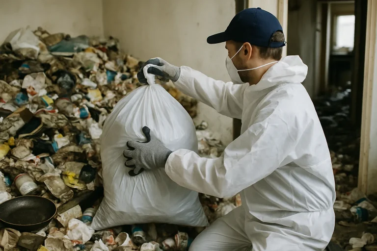 Professionnels nettoyant un appartement en désordre à Gueugnon, mettant en avant l'encombrement.
