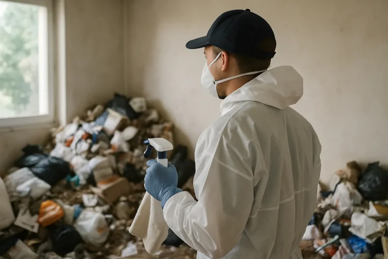 Des professionnels nettoient un appartement surchargé à Ballan-Mire après un syndrome de Diogène.