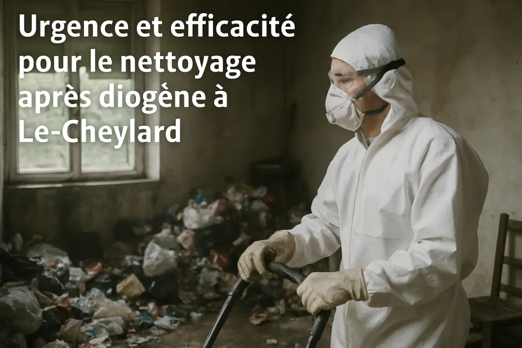 Équipe de nettoyage en train de débarrasser un appartement désordonné à Le-Cheylard.