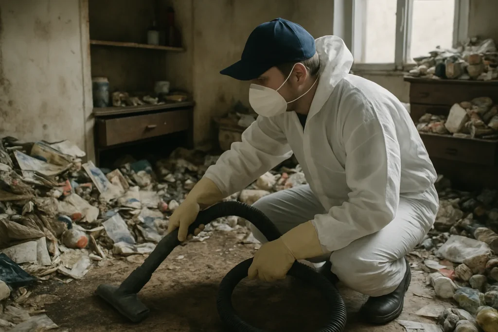 Vue d'un appartement en désordre à Yssingeaux, avec des objets en désordre et des déchets visibles.