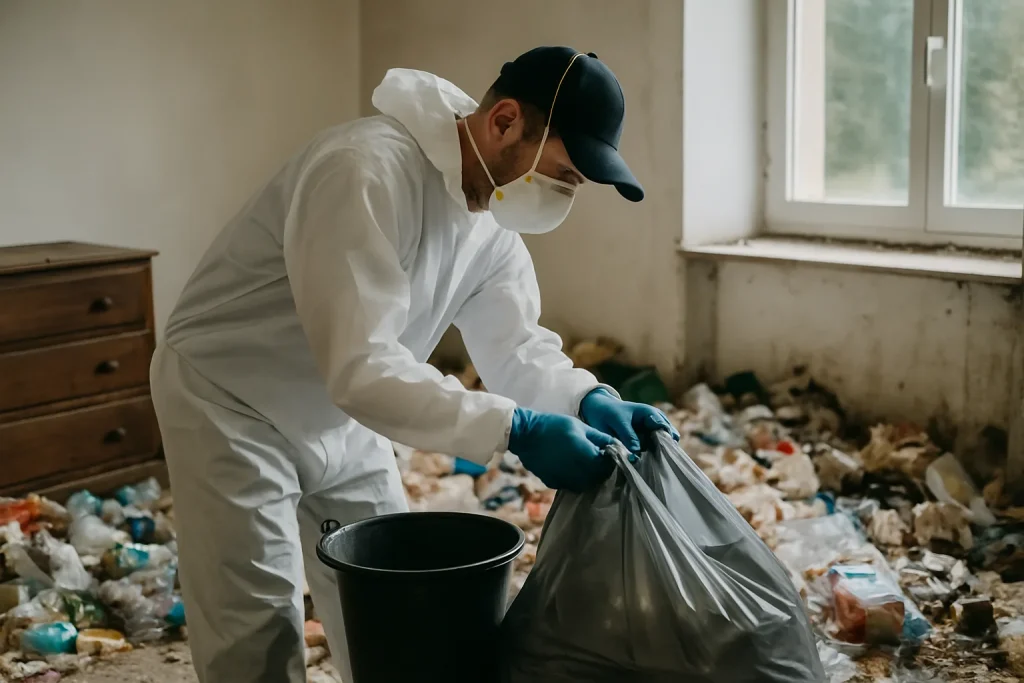 Intérieur d'un appartement en désordre à Bourg-Blanc, nécessitant un nettoyage après syndrome de Diogène.