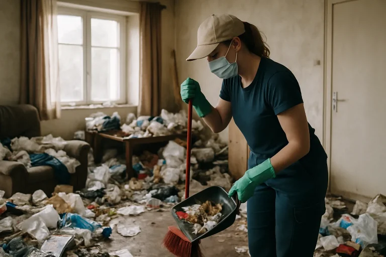 Un appartement en désordre à Bourgueil, témoignant d'une accumulation d'objets et de déchets.