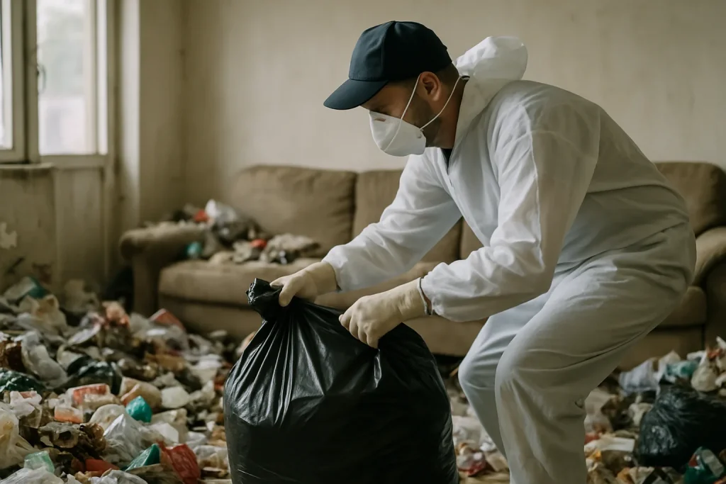 Équipe de professionnels en nettoyage triant des déchets dans un appartement à Genay.