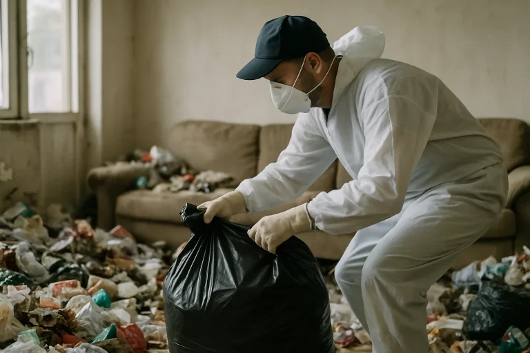 Équipe de professionnels en nettoyage triant des déchets dans un appartement à Genay.