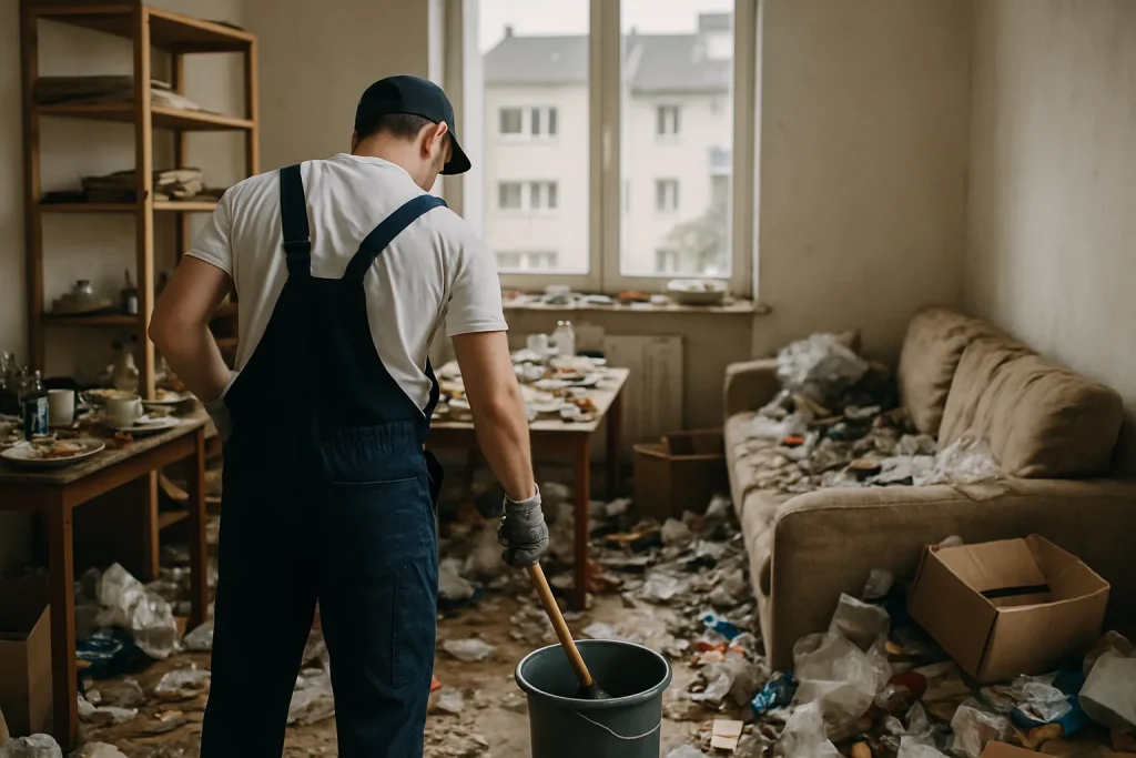 Nettoyage en cours d'un appartement à Saint-Julien-En-Genevois après des conditions de vie difficiles.