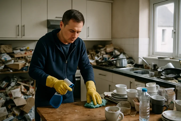 Maison bretonne à Saint-Pol-De-Leon avec des déchets devant, illustrant un besoin de nettoyage après syndrome de Diogène.
