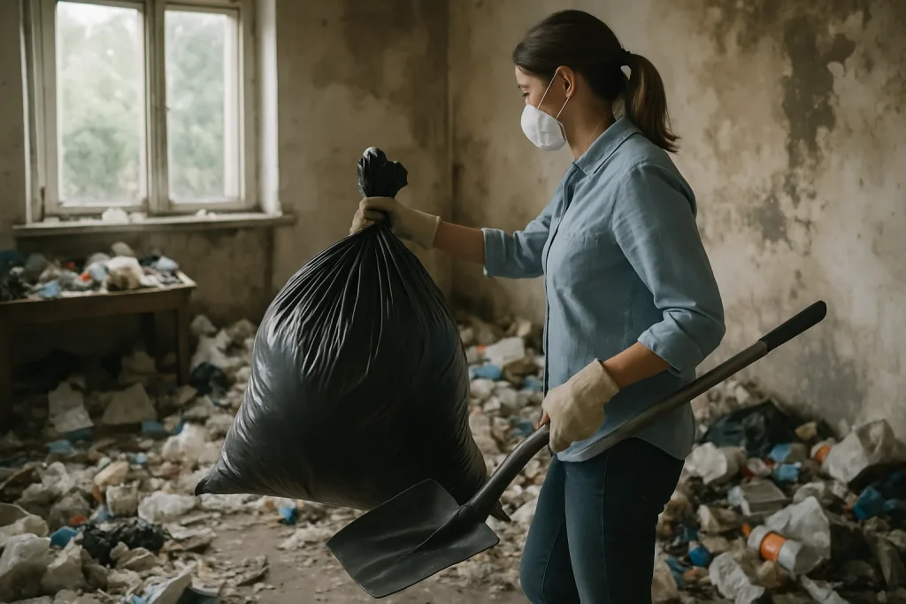 Intérieur d'un appartement à Voujeaucourt, en désordre avec des déchets et des objets éparpillés.