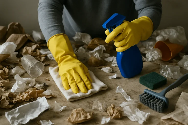 Des mains gantées nettoyant une surface encombrée, outils de nettoyage visibles.
