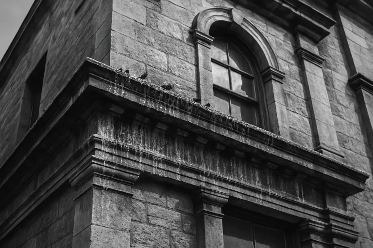 Excréments de pigeons visibles sur les corniches d'un bâtiment ancien en pierre