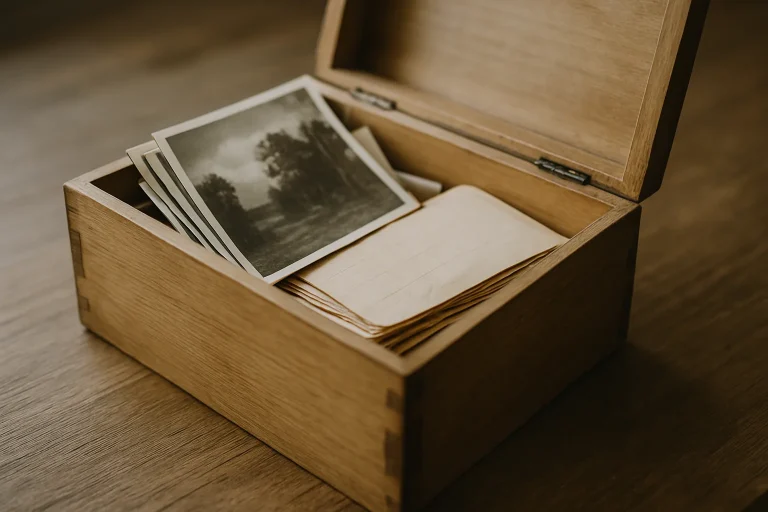 Boîte en bois avec photos et lettres anciennes, lumière naturelle douce.