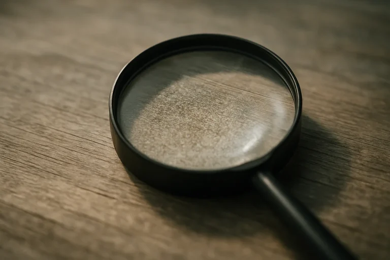 Loupe sur une table en bois, soulignant des détails invisibles à l'œil nu.