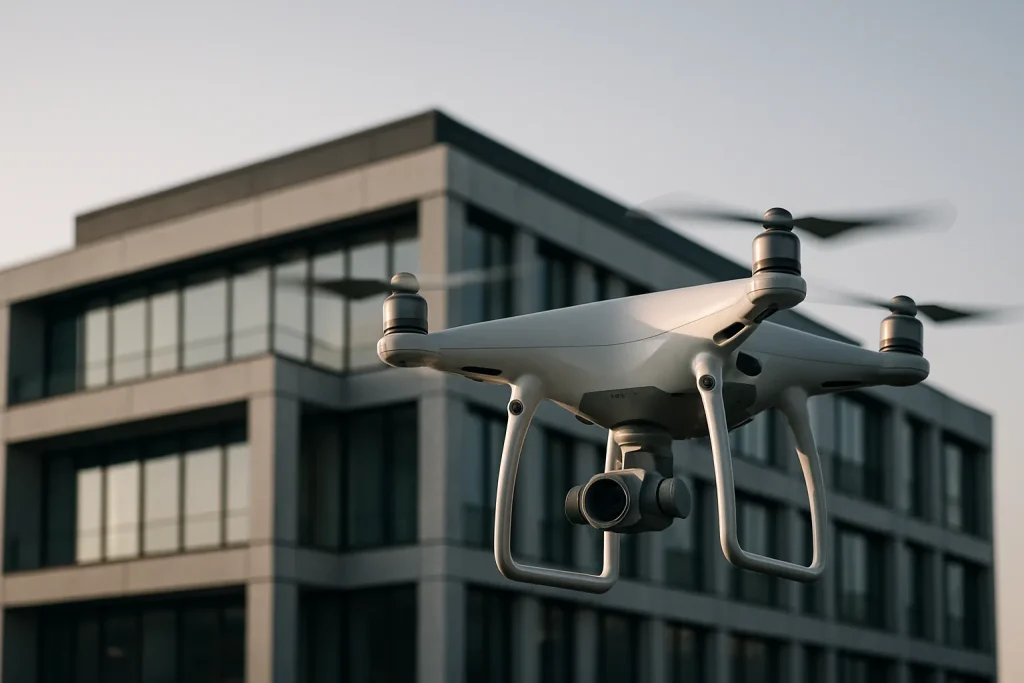 Drone effectuant une inspection aérienne au-dessus d'un bâtiment moderne sous la lumière du matin.