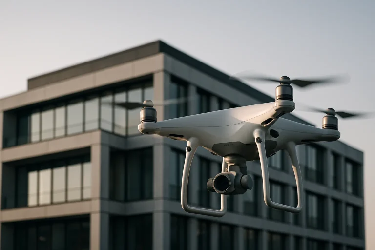 Drone effectuant une inspection aérienne au-dessus d'un bâtiment moderne sous la lumière du matin.