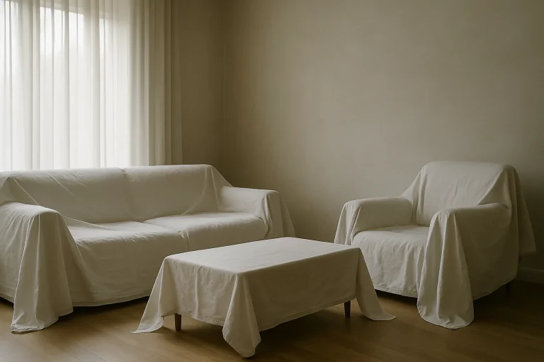 Une pièce calme avec des meubles recouverts de draps, éclairage doux et respectueux.