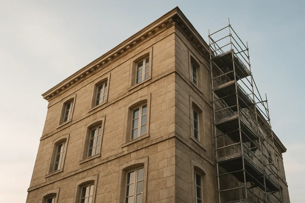 Bâtiment ancien en pierre avec échafaudages, lumière douce du matin