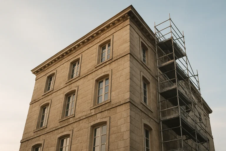 Bâtiment ancien en pierre avec échafaudages, lumière douce du matin