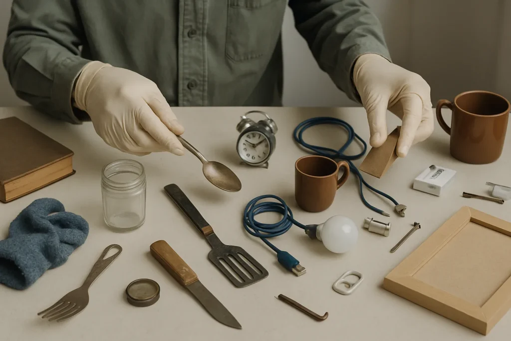 Mains gantées triant des objets sur une table dans un logement encombré