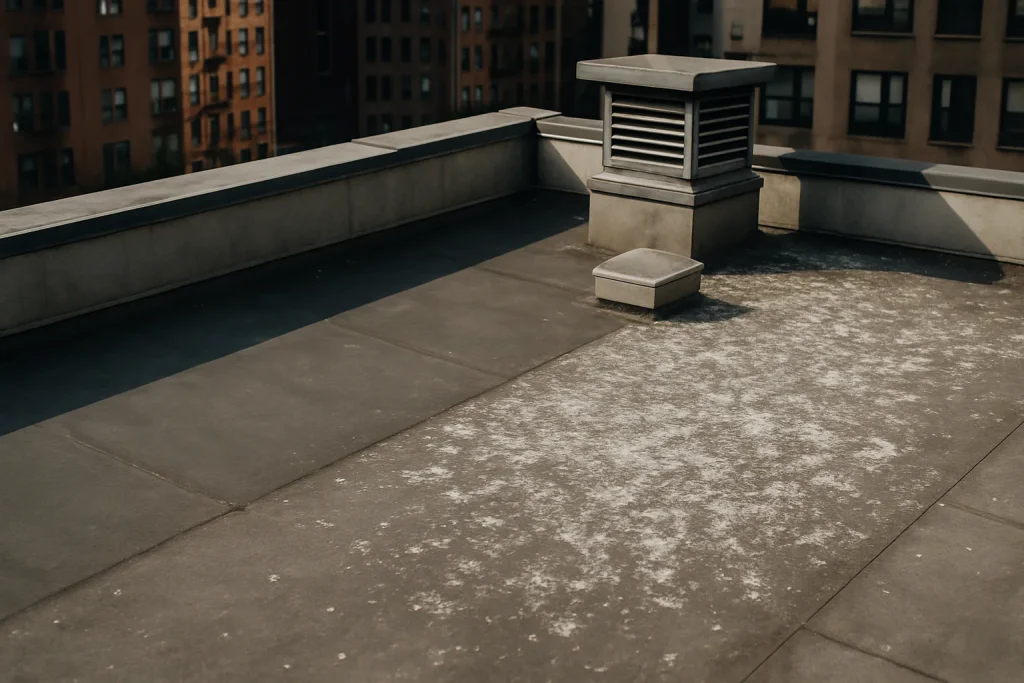 Toit d'immeuble urbain avec fientes de pigeons visibles, lumière du jour.