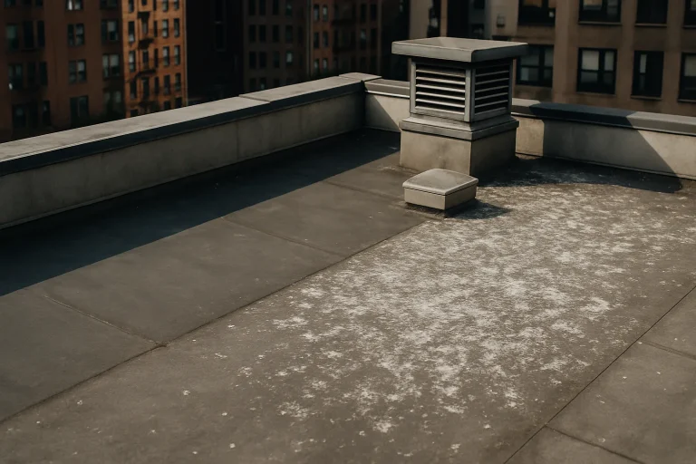 Toit d'immeuble urbain avec fientes de pigeons visibles, lumière du jour.