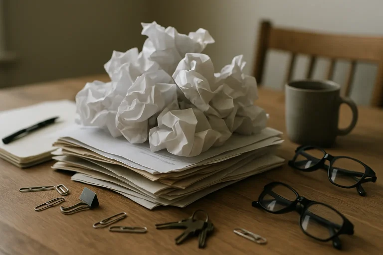 Gros plan d'une pile de papiers froissés et objets divers sur une table, éclairage doux.