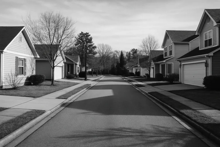 Rue d'un quartier résidentiel avec maisons et arbres, vue en noir et blanc.