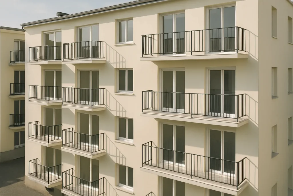 Immeuble résidentiel rénové et propre, balcons et façades visibles.