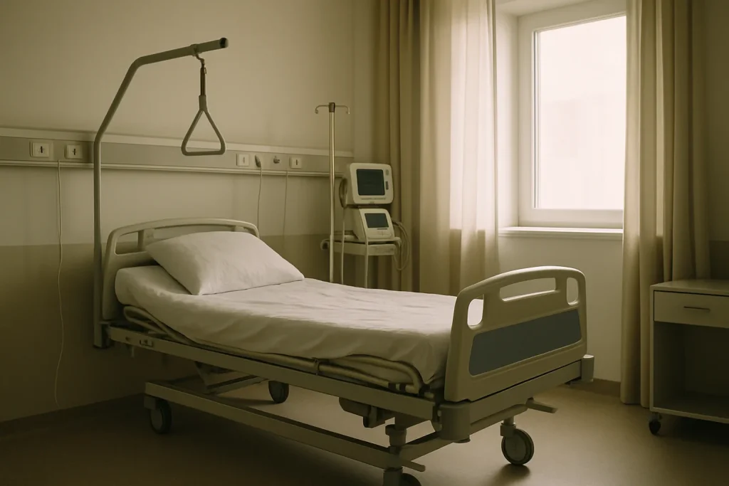 Chambre d'hôpital vide avec lit et équipements médicaux sous une lumière douce.