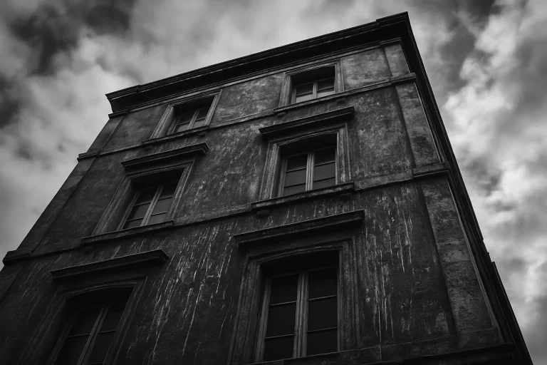 Façade d'immeuble avec des fientes de pigeons, en noir et blanc, ciel nuageux