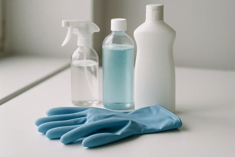 Gants en caoutchouc bleus avec produits désinfectants sur une surface blanche