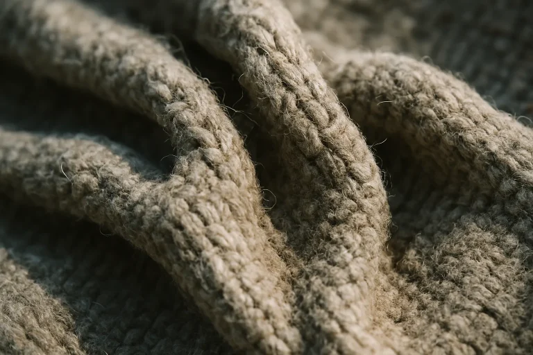 Gros plan de fibres textiles montrant des textures rugueuses sous une lumière naturelle