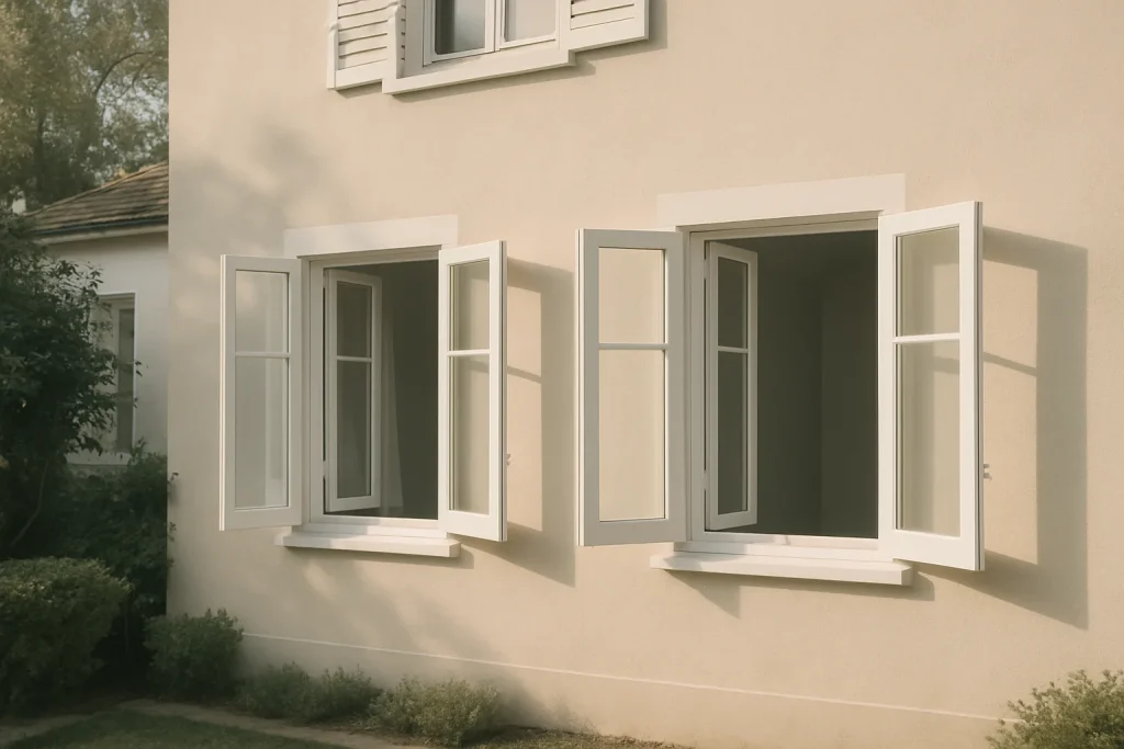 Maison avec fenêtres ouvertes, symbole de ventilation et désinfection.