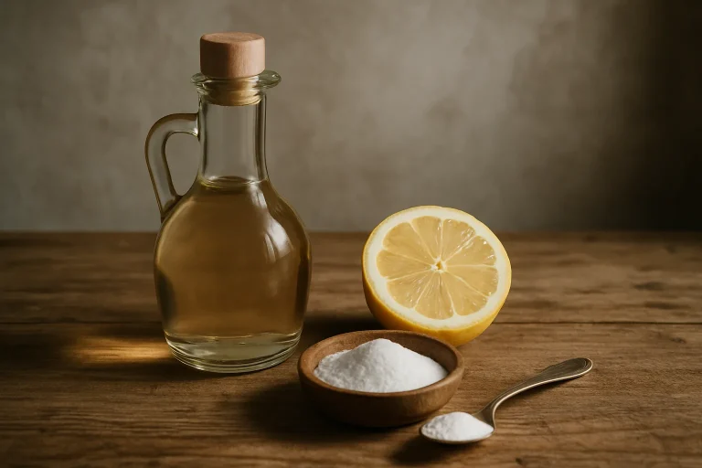 Ingrédients naturels comme le vinaigre et le bicarbonate sur une table en bois.