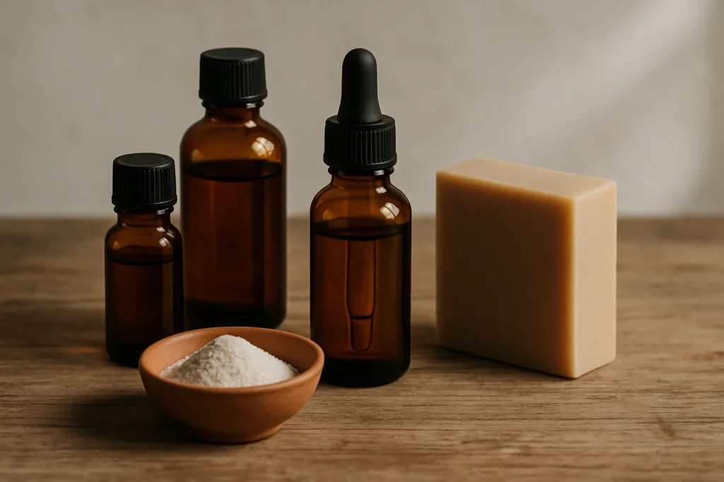 Huiles essentielles, terre de diatomée et savon naturel sur une table en bois