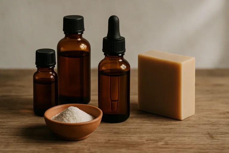 Huiles essentielles, terre de diatomée et savon naturel sur une table en bois