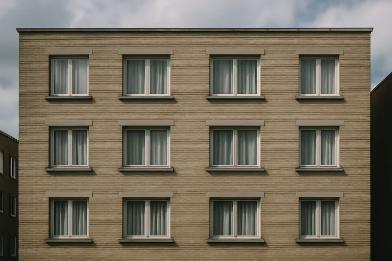 Façade d'immeuble avec fenêtres fermées, ciel nuageux, ambiance urbaine.