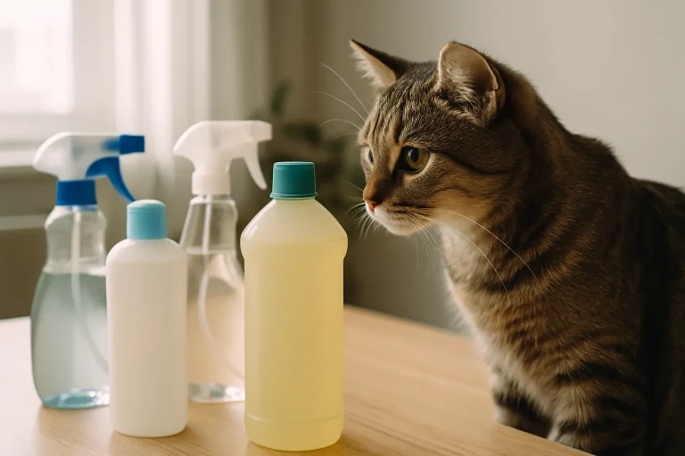 Chat observant des produits de nettoyage sur une table, lumière naturelle
