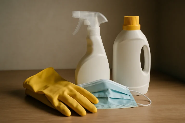 Produits de nettoyage avec gants, masque et vaporisateur contre les fientes de pigeons.
