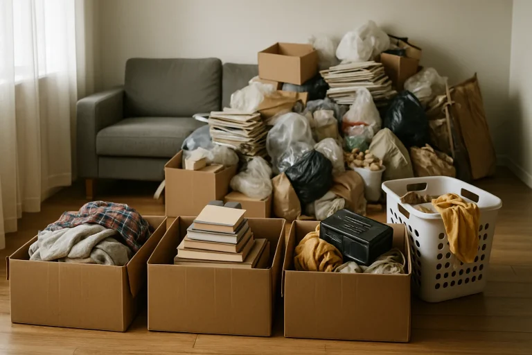 Intérieur encombré avec zones de tri, éclairage doux, aménagement temporaire