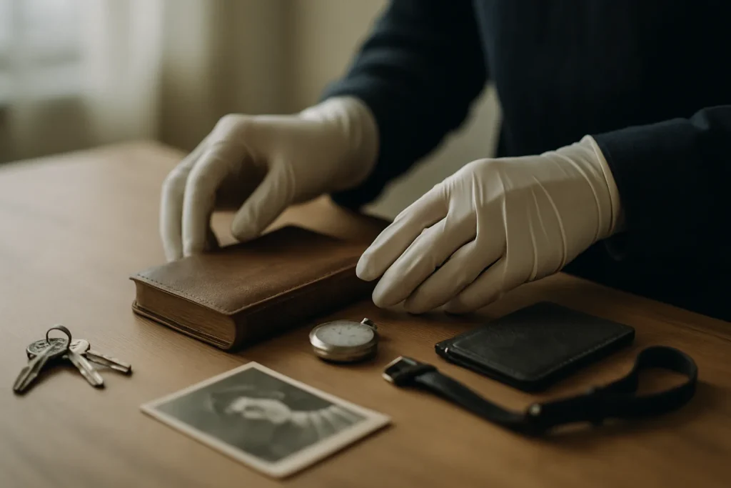 Mains gantées manipulant des objets culturels sur une table, éclairage doux.