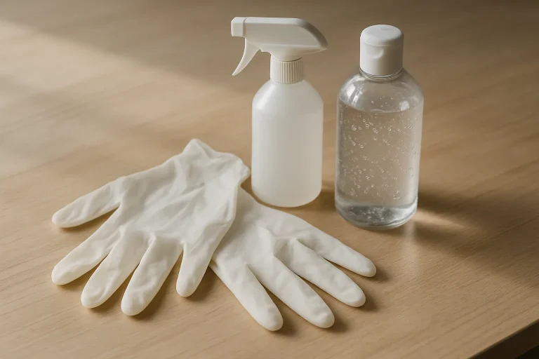 Gants en latex blanc et produits désinfectants sur une surface en bois clair.