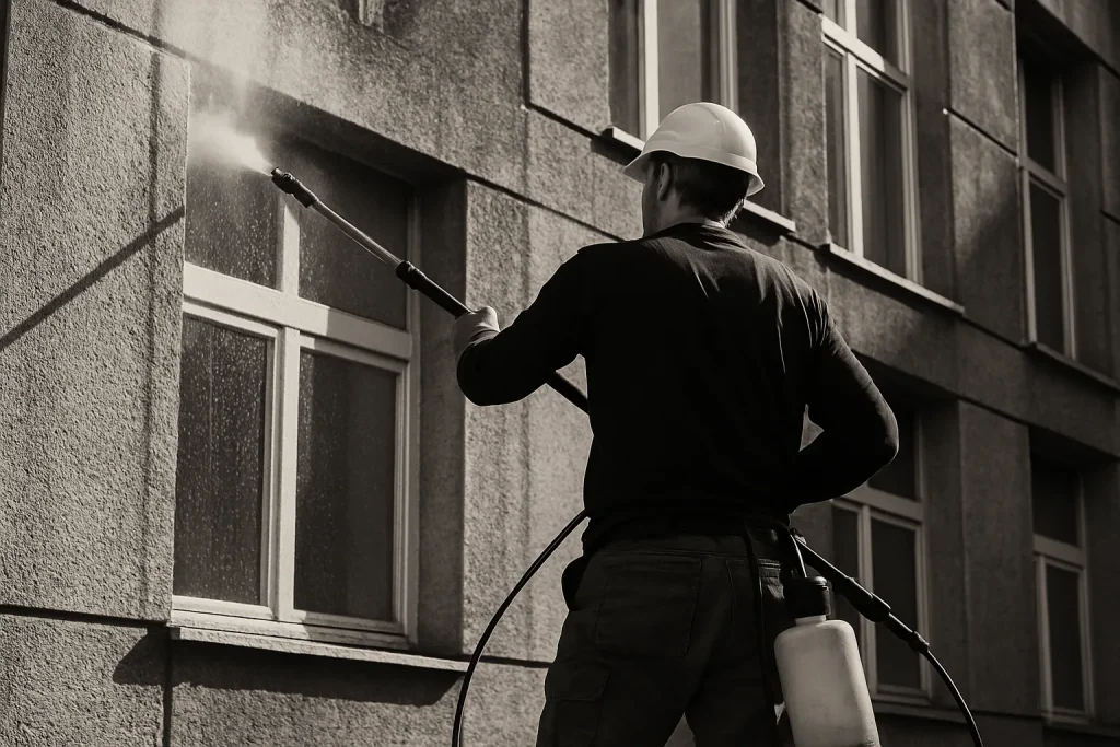 Employé utilisant des outils pour nettoyer une façade d'immeuble des fientes de pigeons, en noir et blanc.