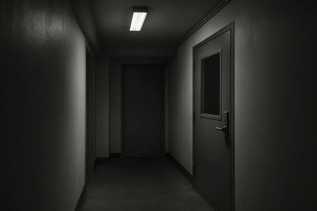 Couloir d'immeuble sécurisé, porte fermée, ambiance noir et blanc