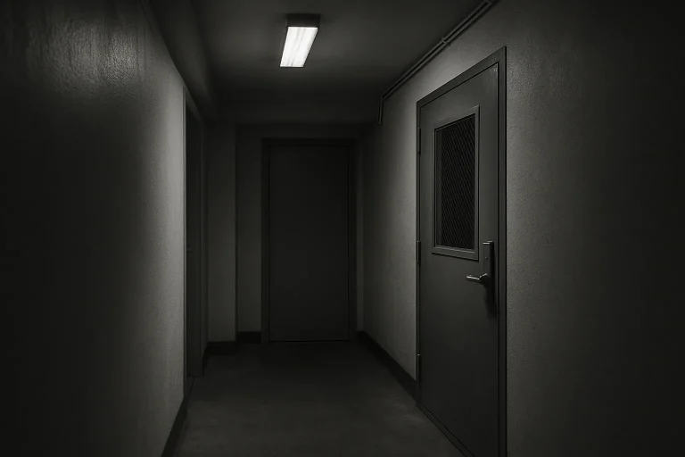 Couloir d'immeuble sécurisé, porte fermée, ambiance noir et blanc