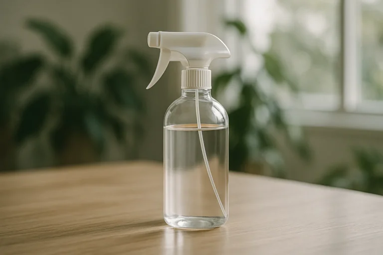 Flacon de spray désinfectant sur une table, lumière naturelle, plantes en arrière-plan.