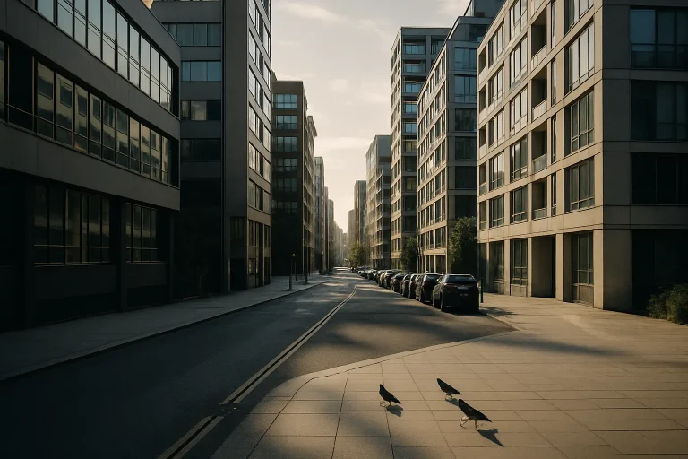 Rue urbaine avec pigeons sur le trottoir et bâtiments modernes en arrière-plan