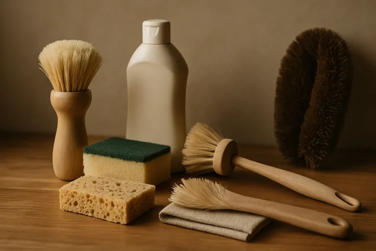 Ensemble d'outils de nettoyage variés sur une table en bois, éclairage doux